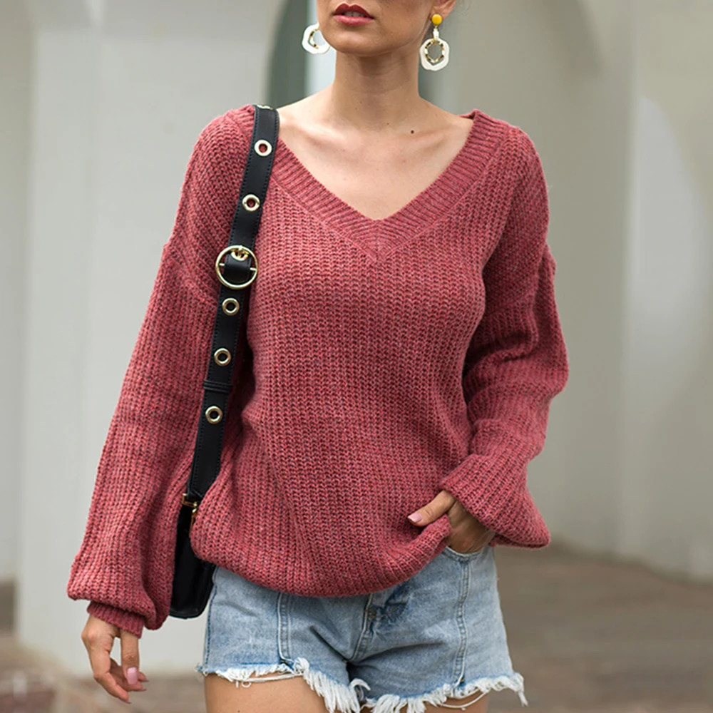 Sexy V Neck Women Sweaters Oversized Loose Back Cross Knitted Sweater Solid Lace-Up Bandage Pullover Fall Winter Clothes | Женская