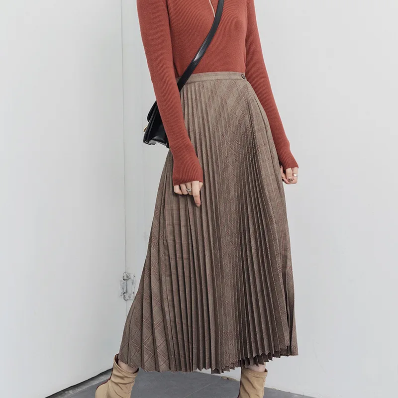 

Women Skirt 2020 New Check Pleated Mid-length Skirt In Early Spring Temperament Fashion High Waist Slim Skirt