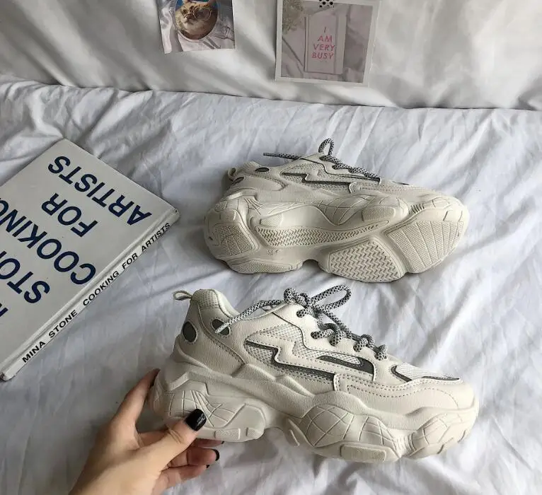 Beige LOOZYKIT/женские кроссовки на массивной платформе; модная женская брендовая дизайнерская Повседневная обувь; женская кожаная спортивная обувь для папы - Цвет: Beige