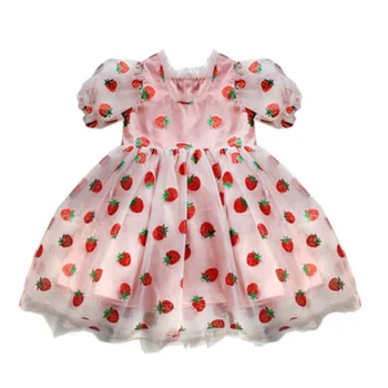 

Little Girls Puff Sleeve Strawberry Veil Princess Dresses 2020 Summer New Children Lace Fashion ball gown Dress Toddler