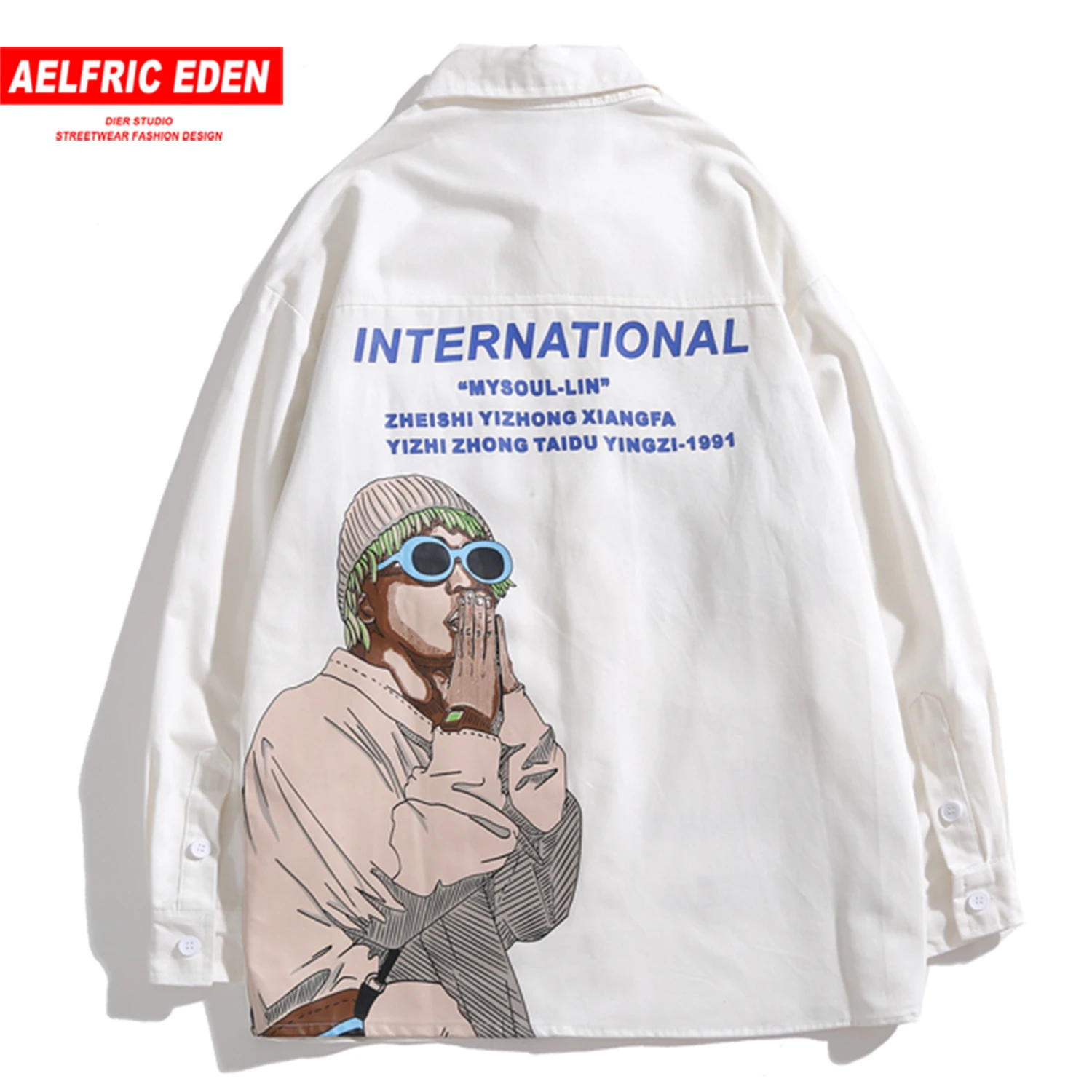 

Aelfric Eden Patchwork Pockets Letter Printed Mens Shirts Hip Hop Fashion Harajuku Casual Cotton Long Sleeve Outwear Streetwear