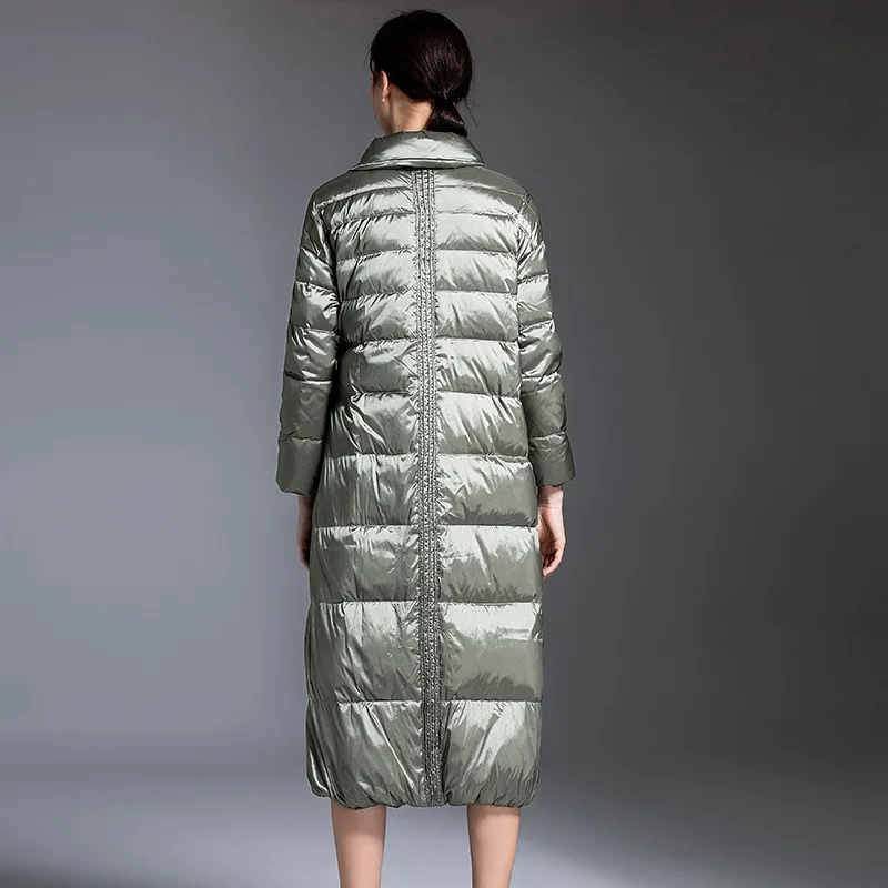 YNZZU зимнее пальто женское плотное глянцевое длинное пуховое пальто Модное теплое 90% белое пуховое пальто Высококачественная верхняя одежда A1242