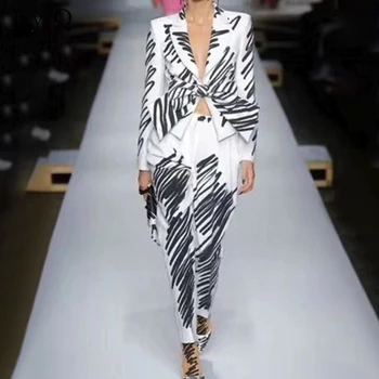 

2019 NEW HIGH QUALITY Newest Designer Runway Suit Set Women's Shawl Collar V-neck bow top suit + high waist Harlan trousers