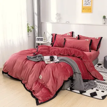 

Pure red 4 pcs flannel Thicken Comforter Bedding Set with flat sheet duvet cover Pillow Shams For King,Queen,Twin size GX-38