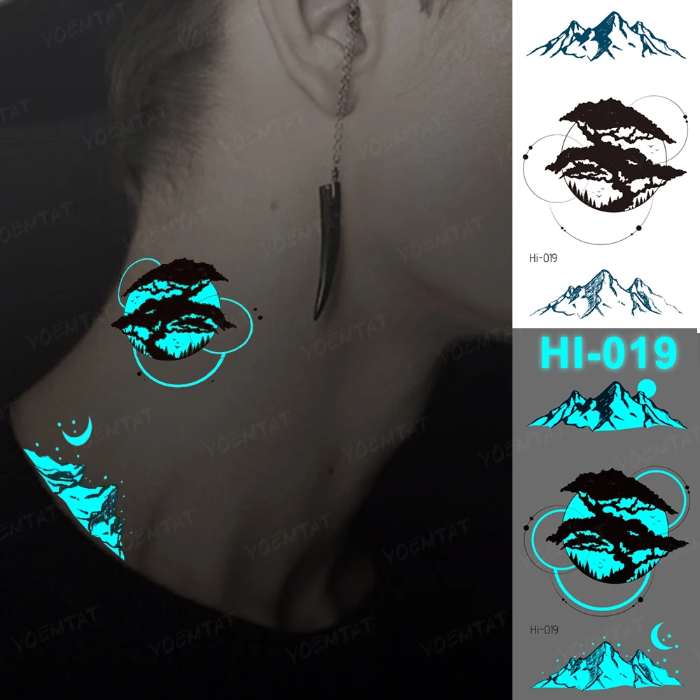 

Luminous Stickers Neck Tattoo Temporary Glitter Tattoo Kids Mountain Moon Tree Forest Sun Linear Small Mini Tato Green Blue Glow