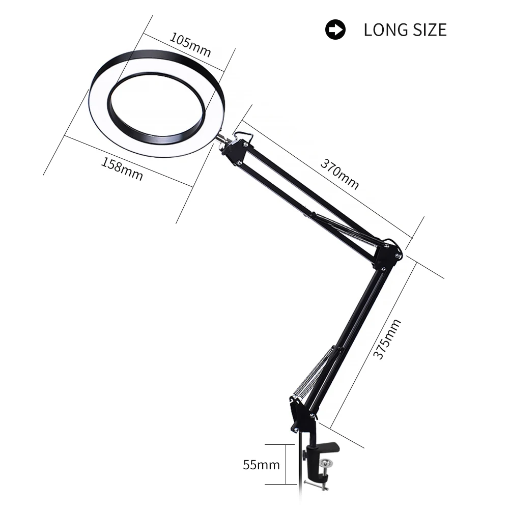 Светодиодный светильник с увеличительным стеклом 5X с зажимом, увеличительное стекло, настольная лампа с регулируемым поворотным кронштейном и usb-питанием