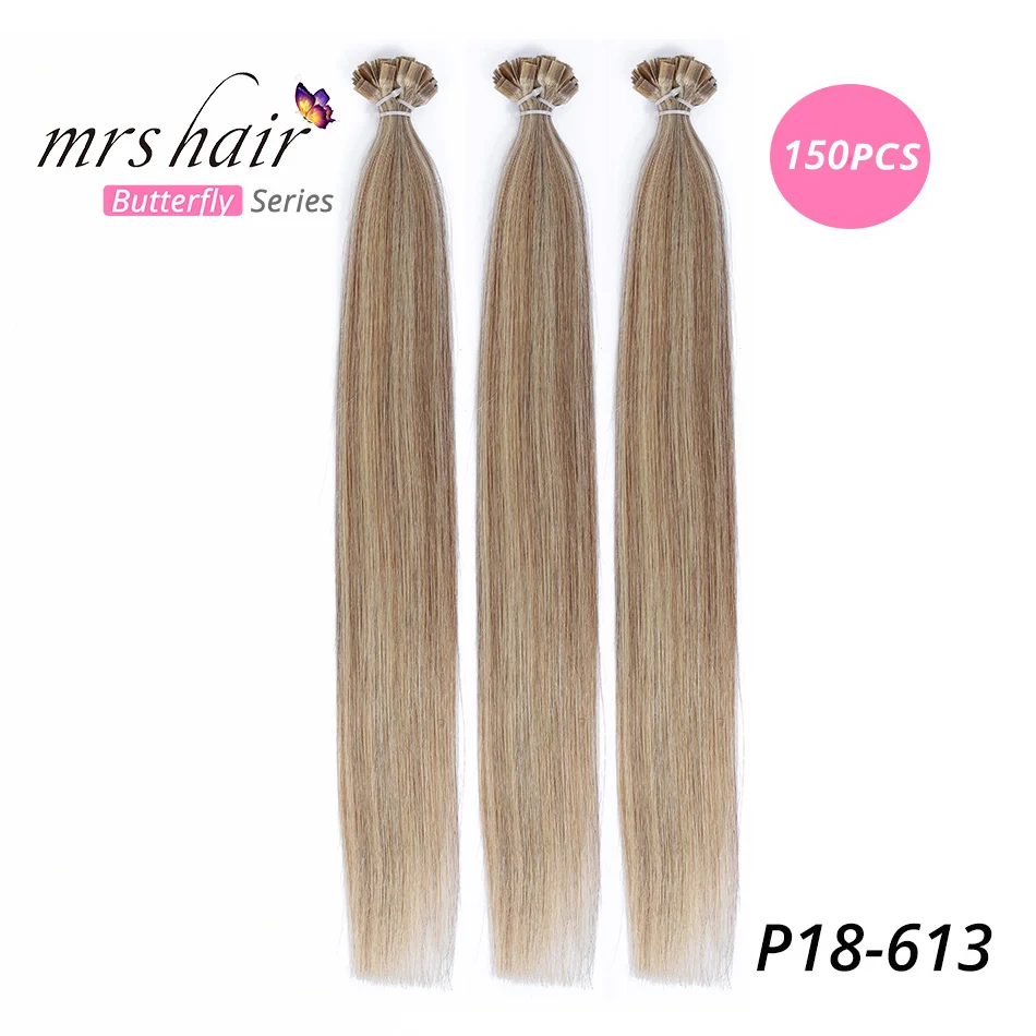 MRSHAIR предварительно скрепленные плоские волосы для наращивания 1" 18" Искусственные волосы одинаковой направленности прямые капсулы жидкий кератин волосы - Цвет: KFTP18-613-150