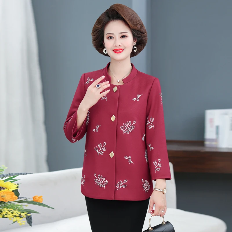 Green Khaki Red Floral Blazer Women Autumn Spring Elegant Jacket Suit Mature Woman Round Collar Cropped Sleeve Blazers Plus Size
