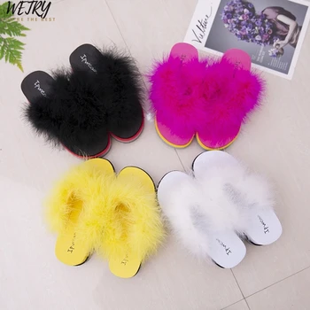 

IN 2020 Ture FUR Slippers Fur Furry Slide Flip Flops Women Home Slippers Female Sweet Fenty Indoor Soft Comfotable