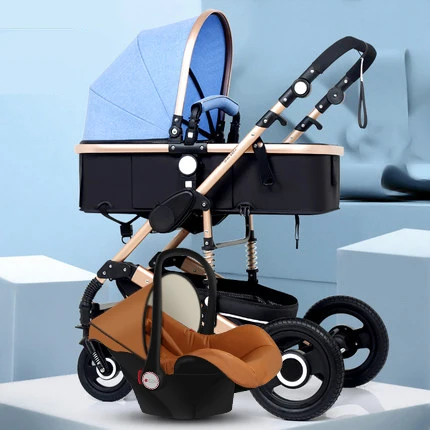 Babyfond 3 в 1 детская тележка с высоким обзором может сидеть на складной двухходовой четырехколесный амортизатор - Color: blue Turkey