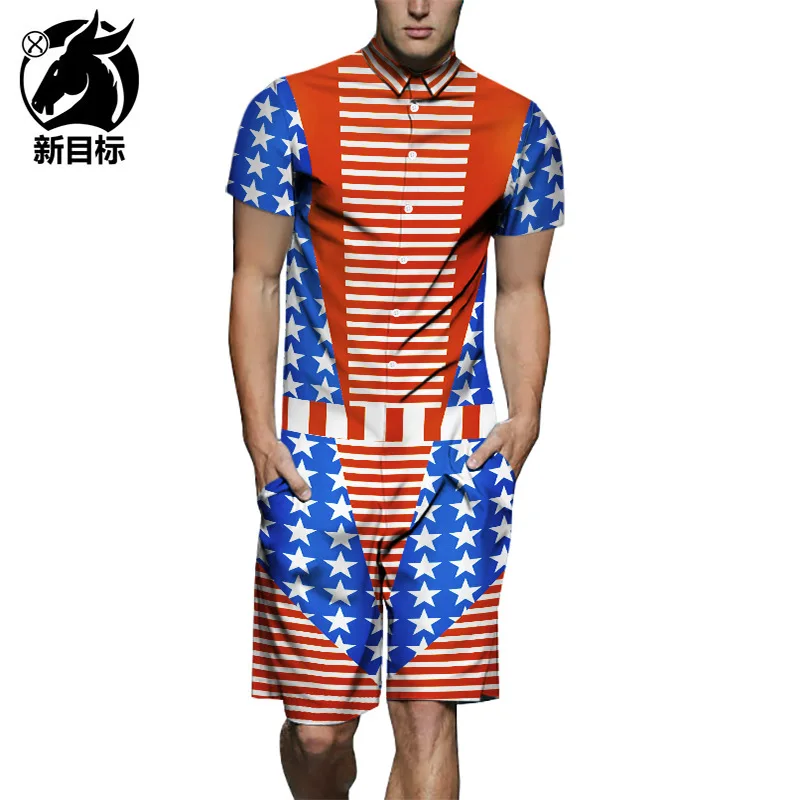 

Stars And Stripes Mock Two-Piece 3D Printed Onesie Hot Selling Amazon 2019 Summer New Style Shirt Bib Overall MEN'S Short Sleeve