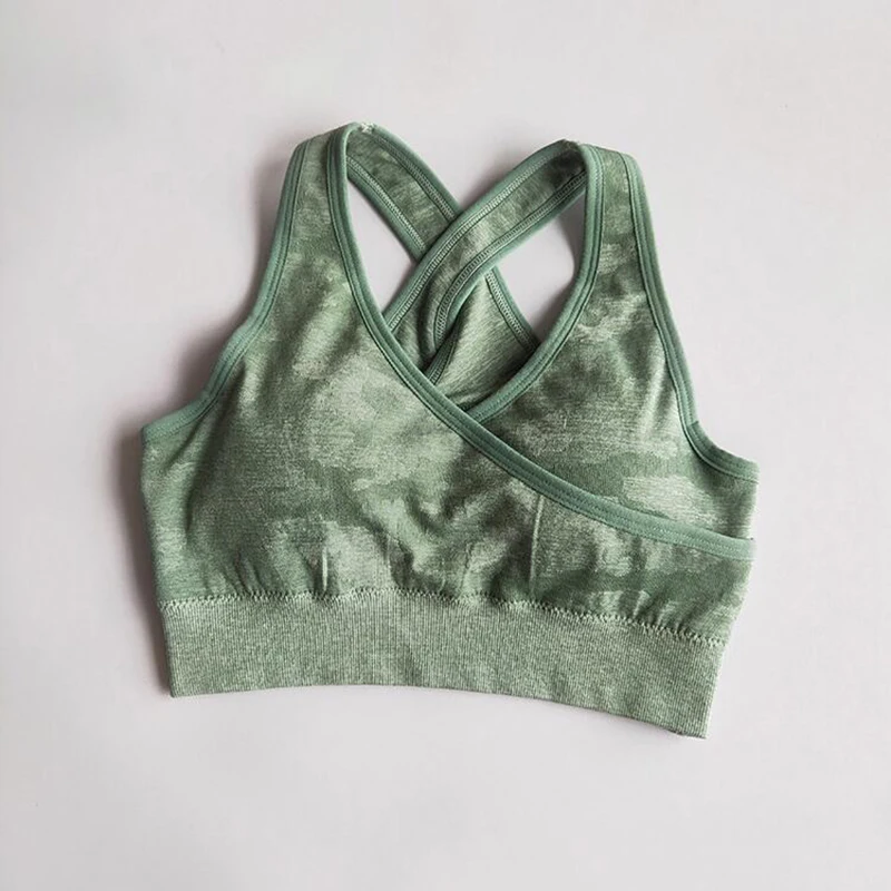 green bra Женский бесшовный спортивный костюм для йоги, спортивный комплект с бюстгальтером из 3 предметов, Женская Осенняя спортивная одежда с длинным рукавом, камуфляжный комплект для спортзала, одежда для бега и тренировок - Цвет: green bra