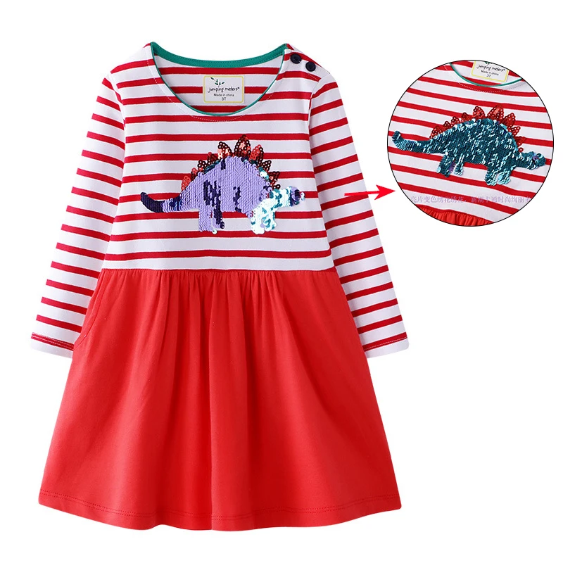 red long sleeve Платье с длинными рукавами для девочек; коллекция года; зимний костюм для девочек; повседневные платья в полоску с блестками; рождественские платья для маленьких девочек; сезон осень-зима - Цвет: red long sleeve