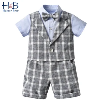 

Humor Bear New Boy Summer Clothing Sets Gentleman Plaid Short Sleeve+Shorts+Bow Tie 3PCS Sets Cute Baby Kids Children Clothes