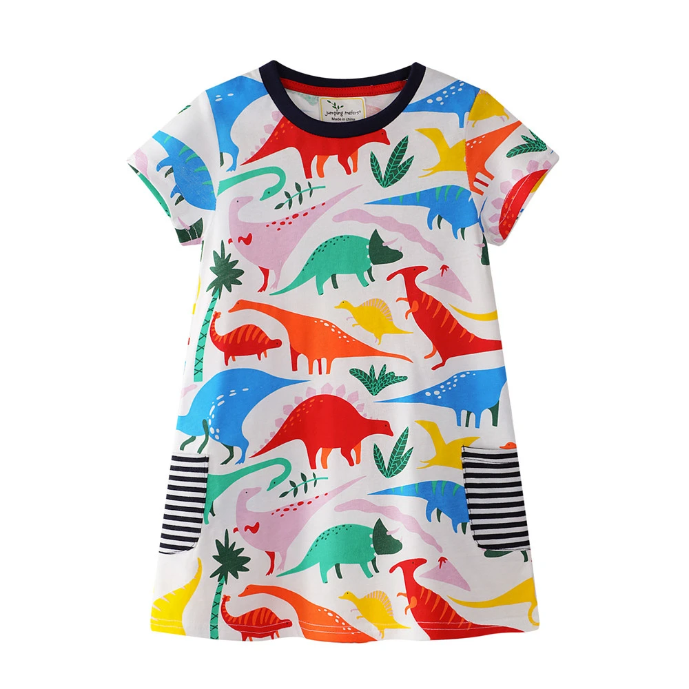 Jumping Meters Summer Cotton Baby Girls Dresses With Dinosaurs Print Pockets Children's Party Dress Hot Costume dresses party dresses