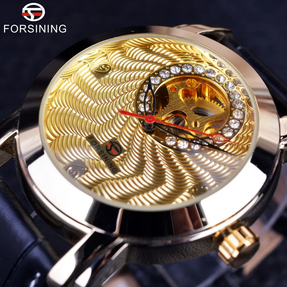 

FORSINING Men Watch Mechanical Automatic Wristwatch Golden Luxury Diamond Wave Dial Design Waterproof Fashion Clock Reloj