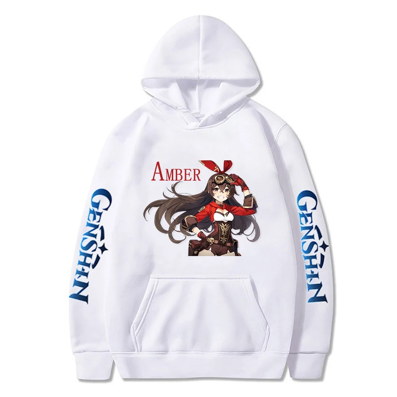 

Game Genshin Impact Pullover Hoodie Fashion Swearshirts Kawaii Klee and Am Ber Print Plain Color Clothes