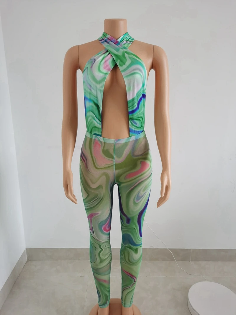 2021 Print Mesh Jumpsuit See Through Women Skinny Criss Cross Hipster High Waist Sexy Backless Club Streetwear Summer Outfit