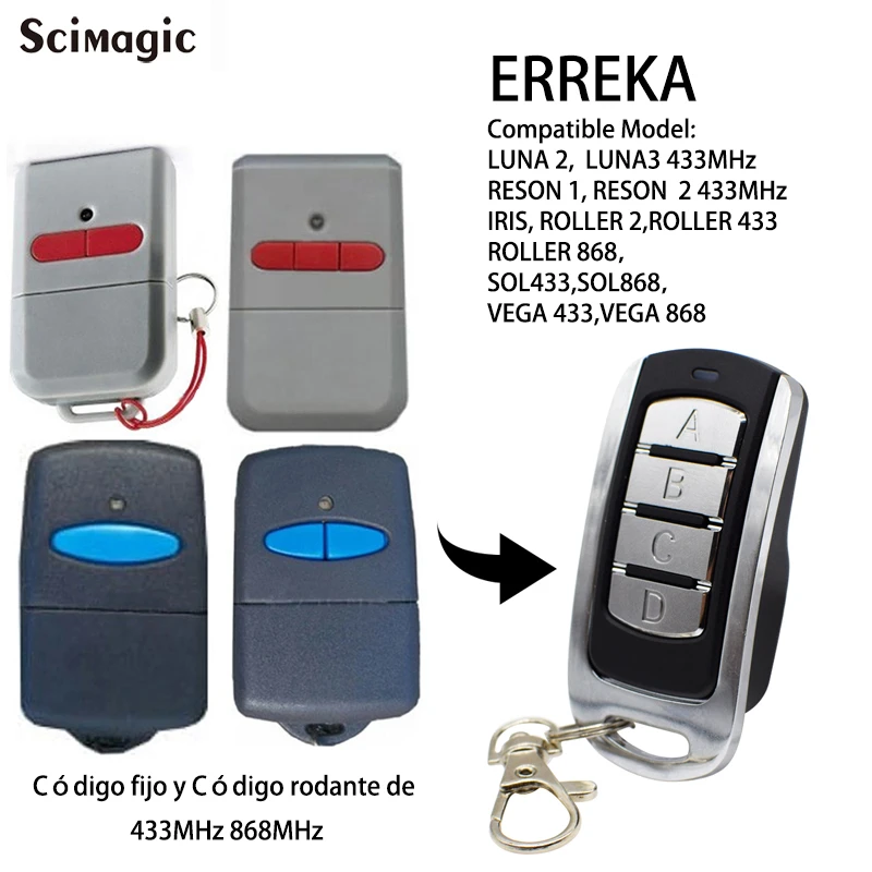 Garage Door Remote Control ERREKA IRRIS SMAT RESON LUNA VEGA SOL ROLLER 433MHz 868MHz Rolling Code Fixed Code Gate Opener