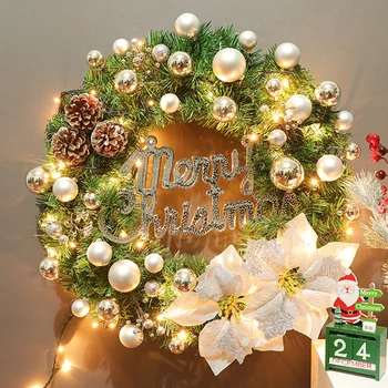 

40cm Lighted Christmas Wreath With Flower Pine Cones And Decorative Ball Front Door DTT88