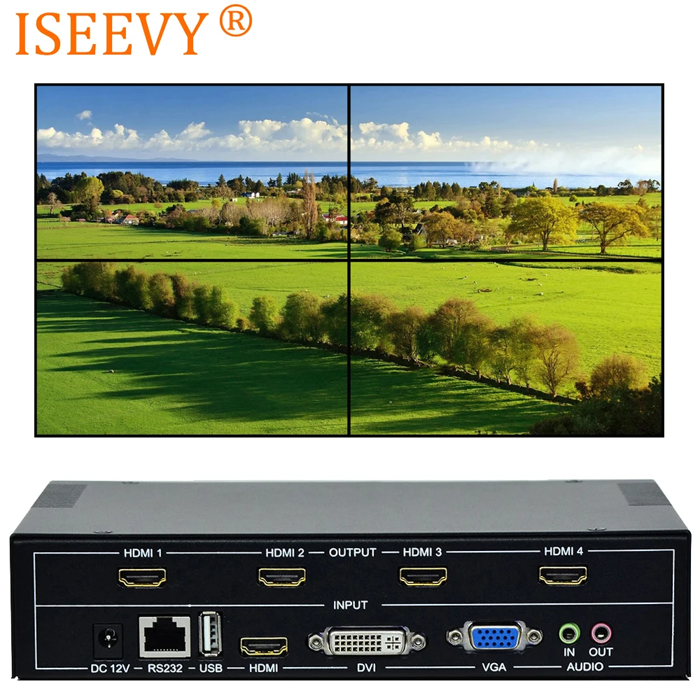  ISEEVY 4 Channel Video Wall Controller 2x2 HDMI DVI VGA USB Video Processor with RS232 Control for 