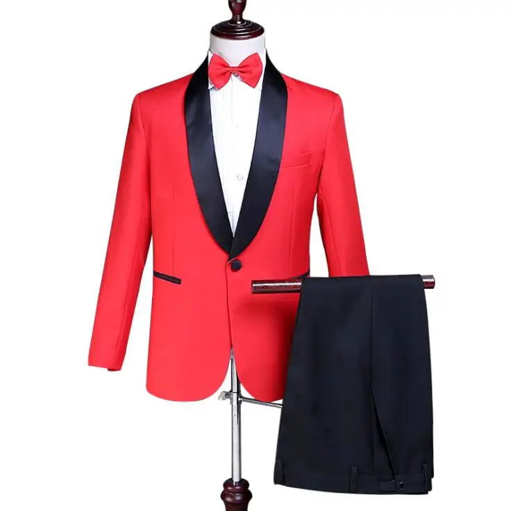 Красный Красный блейзер для мужчин slim fit Костюмы комплект со штанами мужские свадебные костюмы костюм певица звезда стиль танец сценическая одежда формальное платье - Цвет: Красный