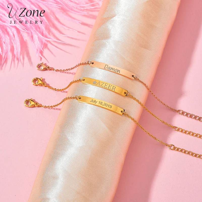 UZone Custom Engraved Name Text Baby Children Stainless Steel Bracelets Personalized Chain Bracelet Femme Kids Birthday Gift kids elastic customized text heart headband flat hair bands children girls solid headwear hair accessories for baby turban