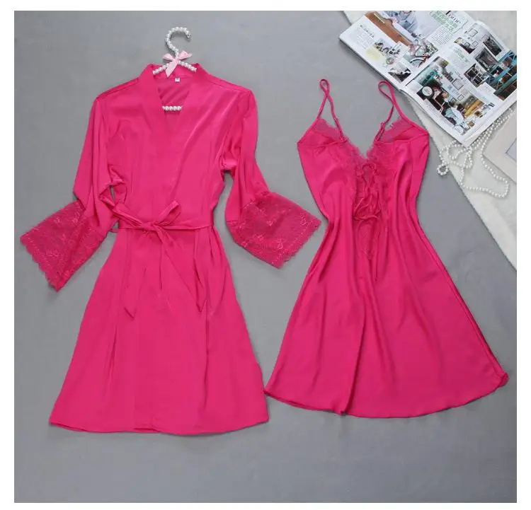 Сексуальные женские Кружево Satin Robe платье однотонные мягкие ночная рубашка кимоно халат пижамы свадебные туфли невесты Халаты - Цвет: Hot Pink Robe Set