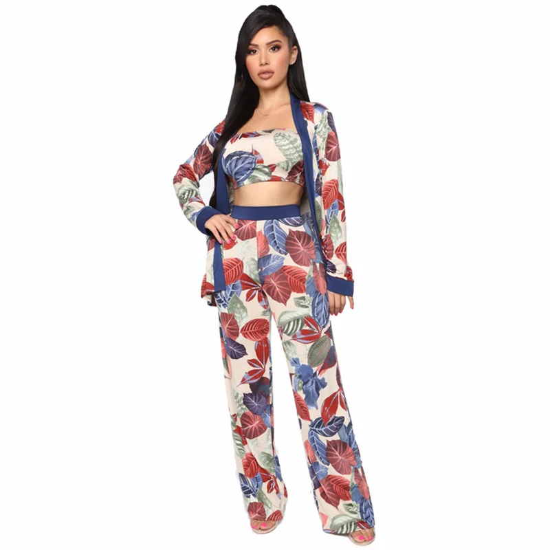 

Echoine Floral Print 3 Piece Set Strapless Crop Top Trousers Pants Set Long Sleeve Cardigan Overcoat Suits Streetwear Outfits