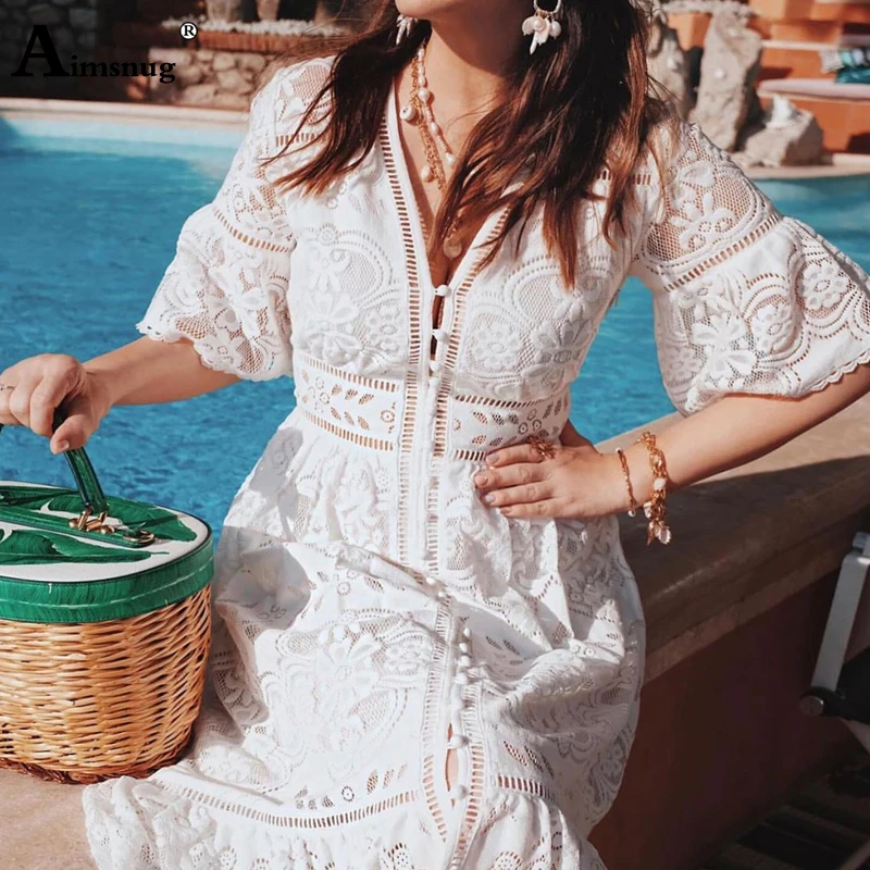 Boho Однотонное светло-голубое с v-образным вырезом, с коротким рукавом-клеш, с крючком, с цветочным узором, однобортное кружевное новое летнее элегантное женское платье