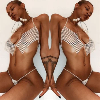 

Sexy Imitation Pearls Statement Body Chain Bra and Thong Accessories for Women Bikini Underwear Set G-string Thong Body Jewelry