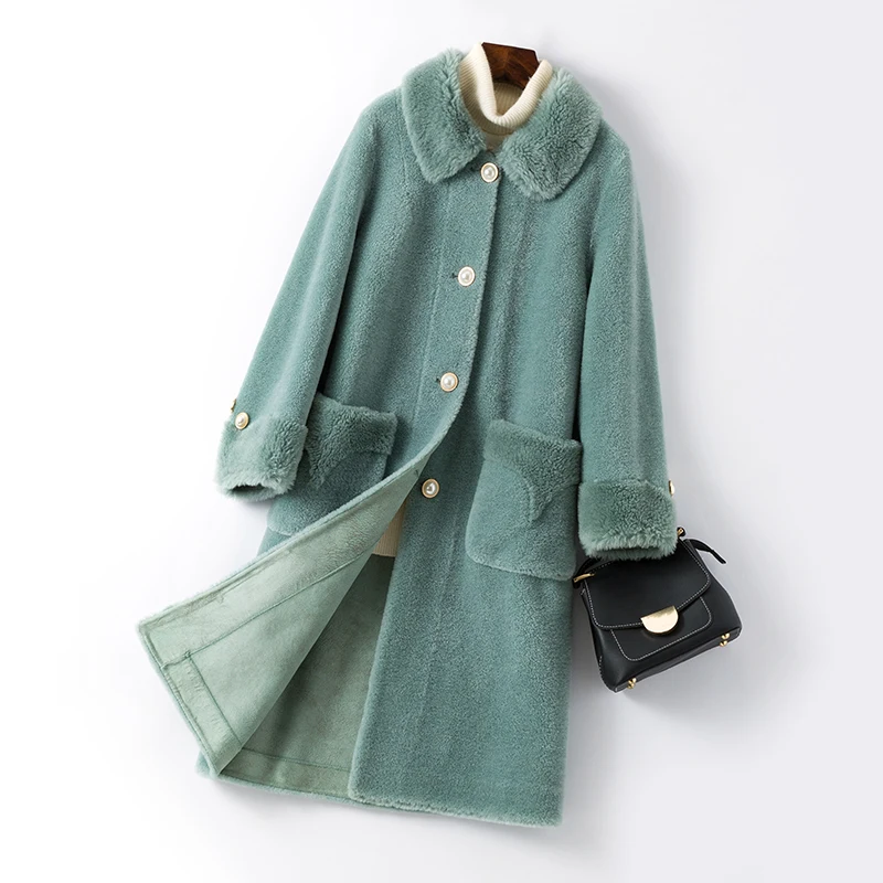 green100 real fur Натуральное овечье меховое пальто, шерстяное пальто, зимняя куртка, Женская Повседневная парка, длинное пальто с пуговицами - Цвет: green100 real fur