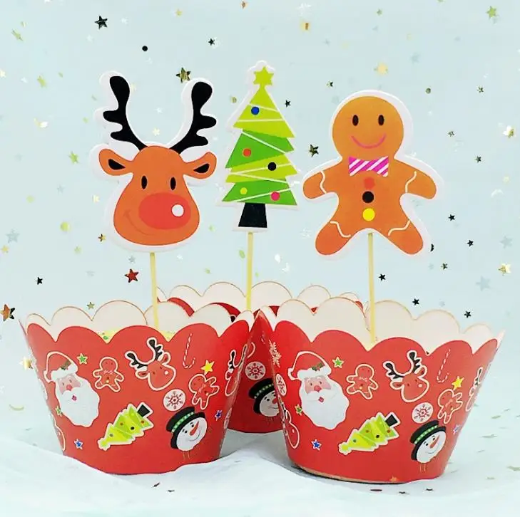24 шт./компл. Merry Christmas Санта Клаус снеговик лося дерево кекс обертки для пирожных топперы Baby Shower День рождения торт украшения - Цвет: 2