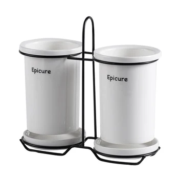 

Household Ceramic Chopstick Holder Kitchen Multifunctional Drain Double-Tube Chopstick Box with Iron Stand