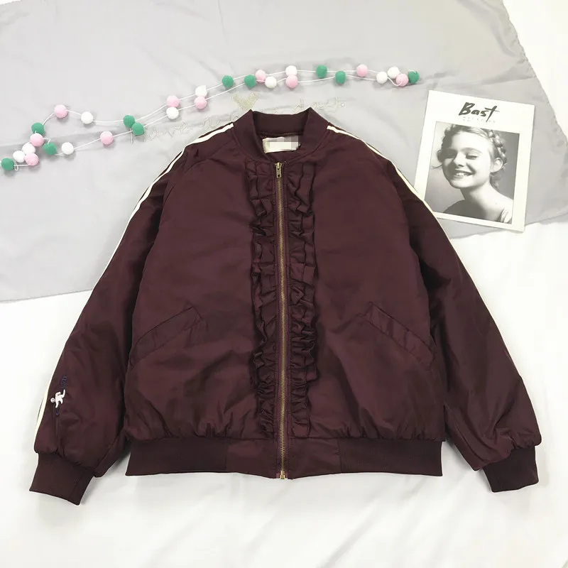 Бургундия Harajuku vintage ins hot Japanese England style pattern embroidery Red wine color casual winter coat jacket women YQ-1101 - Цвет: Бургундия