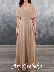 A-Line Mother of the Bride Dress Plus Size Elegant V Neck Floor Length Chiffon Short Sleeve with Beading 2021