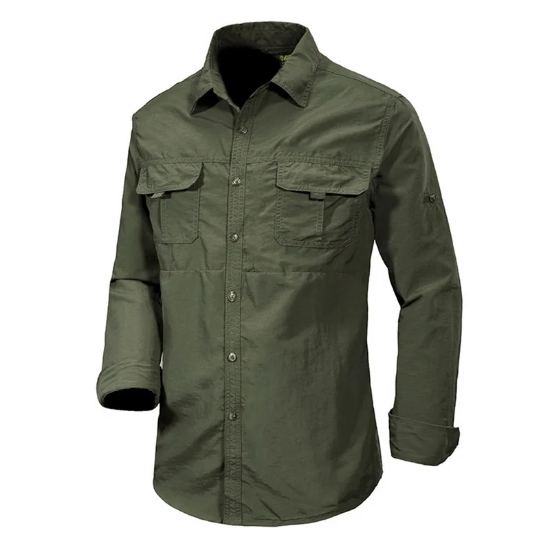 Повседневная быстросохнущая Мужская Рубашка классическая уличная Camisa Masculina с длинным рукавом и отложным воротником деловая рубашка с карманами Chemise Homme