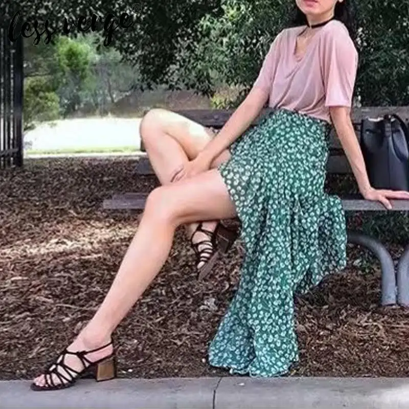 Летняя зеленая шифоновая юбка с запахом и цветочным принтом женская элегантная