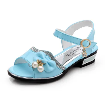 

Girls Patent leather Shoes Summer Bowtie Princess Rhinestone pearl Sandals Kids Soft Bottom High Heel Childrens Beach Shoes