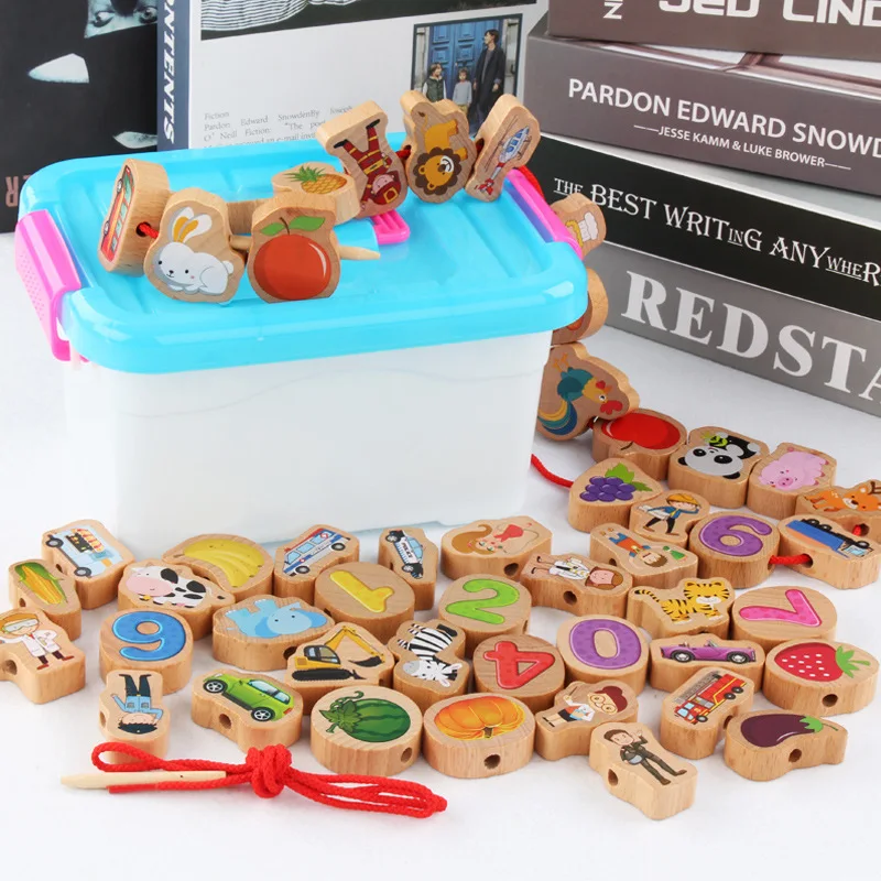 

Building Blocks Large Particles Children with Numbers Traffic Building Blocks Wood Beaded Bracelet Baby Wearing Rope Cognitive 1