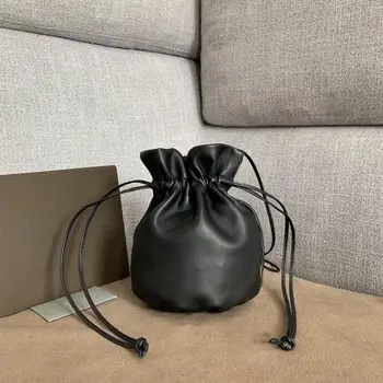 

Wrinkled drawstring mini pouch bucket bag cowhide drawstring closure slung shoulder Bag