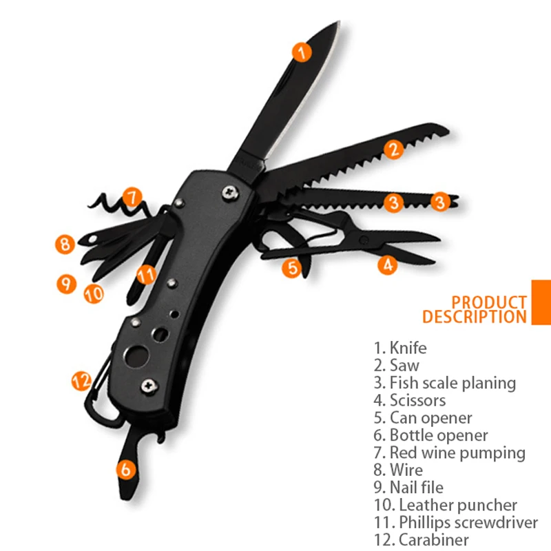 

12 in 1 Outdoor Tools Multifunction Portable Gadget Knife Scissors Saw Screwdriver Opener Stainless Steel Home Camping Tools
