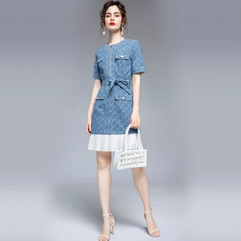 

Denim Dress Women Plaid Luxury Women Dresses Pleated Dress Elegant M Contrast High Quality Ladies Dresses Vestidos De Fiesta