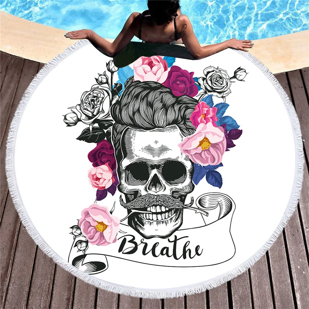 Large Bath Towel Fabric Quick 3d Sugar Skull Printed Beach Mat Women Accessories Round Tapestry Mat Compressed Towel