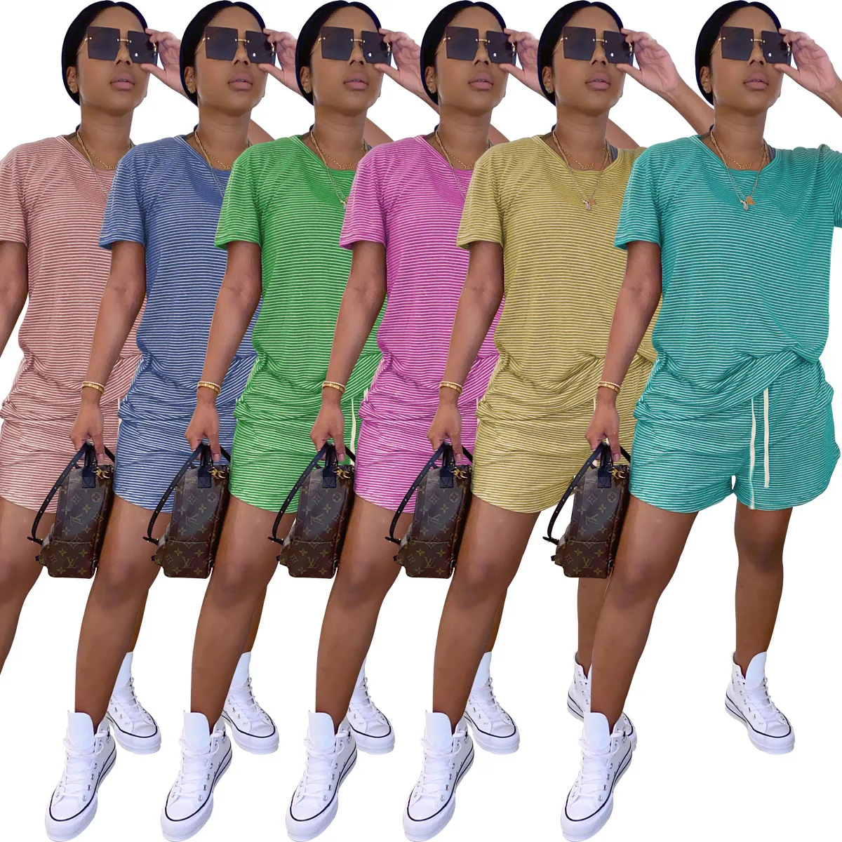 

Striped Prints Round Neck Short-Sleeves Shirt Drawstring Pants Women Suit 2020 New European and American Fashion Two-Piece Set