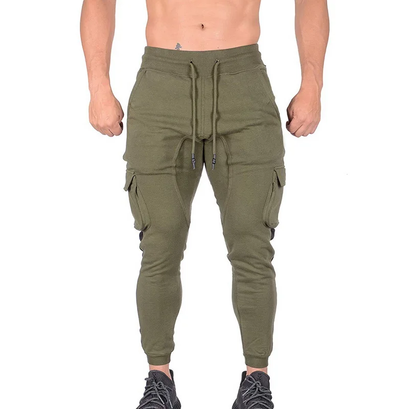 Mens Solid Color Fitness Pants Slim Pockets Drawstring Pants Mens Gymwear Sportwear Casual Men Pants joggers Streetwear - Цвет: Army green