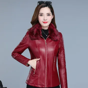 

Hot Sale Women Winter Warm Faux Leather Jackets with Fur Collar Lady Black Red Motorcycle Biker Outerwear Plus Size Women Coats