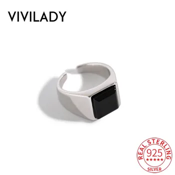 

VIVILADY Adjustable 925 Sterling Silver Black Square Acrylic Women Charm Ring Trendy Korean Design For Female Party Jewelry