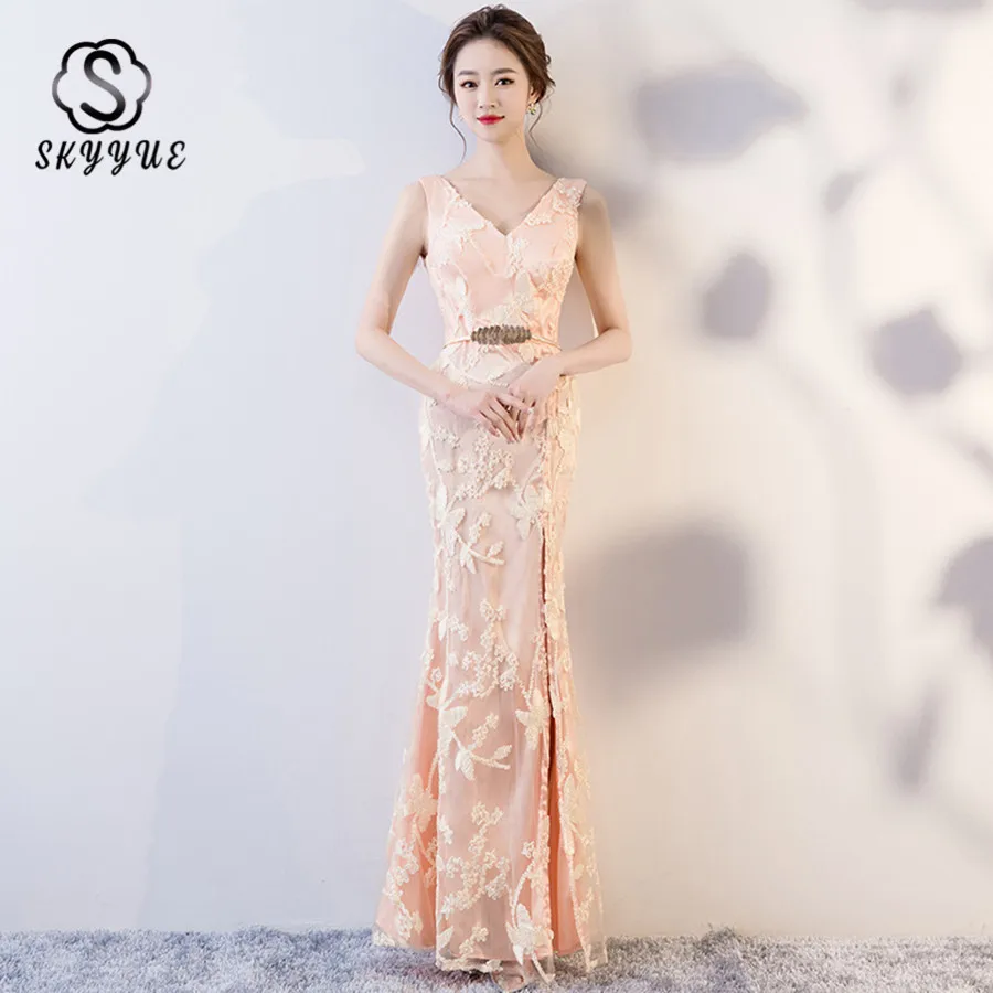 Skyyue вечернее платье, вечерние платья, новинка, v-образный вырез, без рукавов, Русалка, длина до пола, с аппликацией, Robe De Soiree, вечерние платья HH140