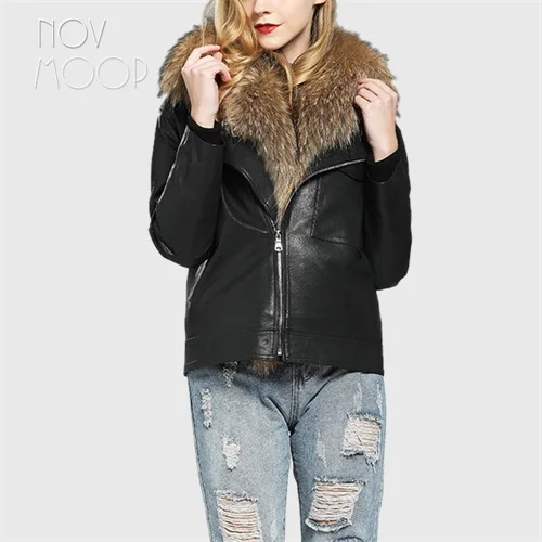 Novmoop/шикарный стиль, зимний теплый пуховик со съемной подкладкой, Женская леопардовая куртка с меховым воротником из овчины, пальто chamarras de mujer LT2826 - Цвет: Black